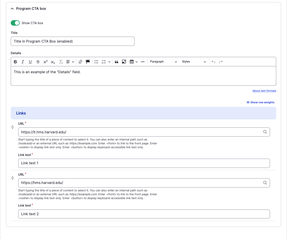 Program CTA box drop-down.