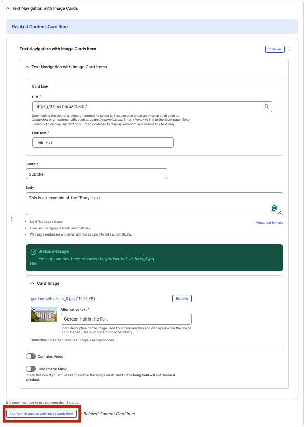 Text navigation with image cards back-end.