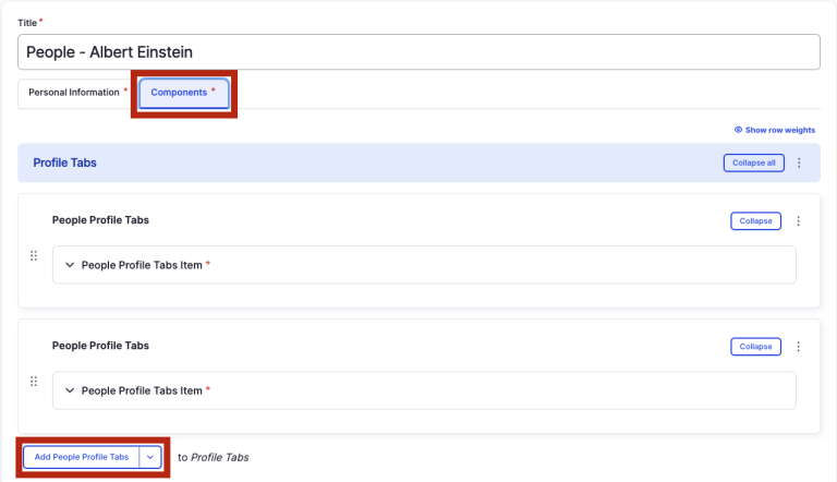 Components tab back-end screen.