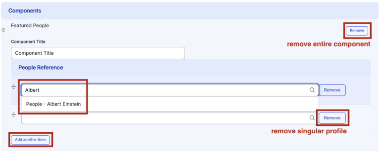 Back-end screen of "Featured People" component.