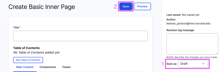 Step 1 highlights Save as dropdown menu in the settings panel on the right; step 2 highlights the save button at the top of interface.